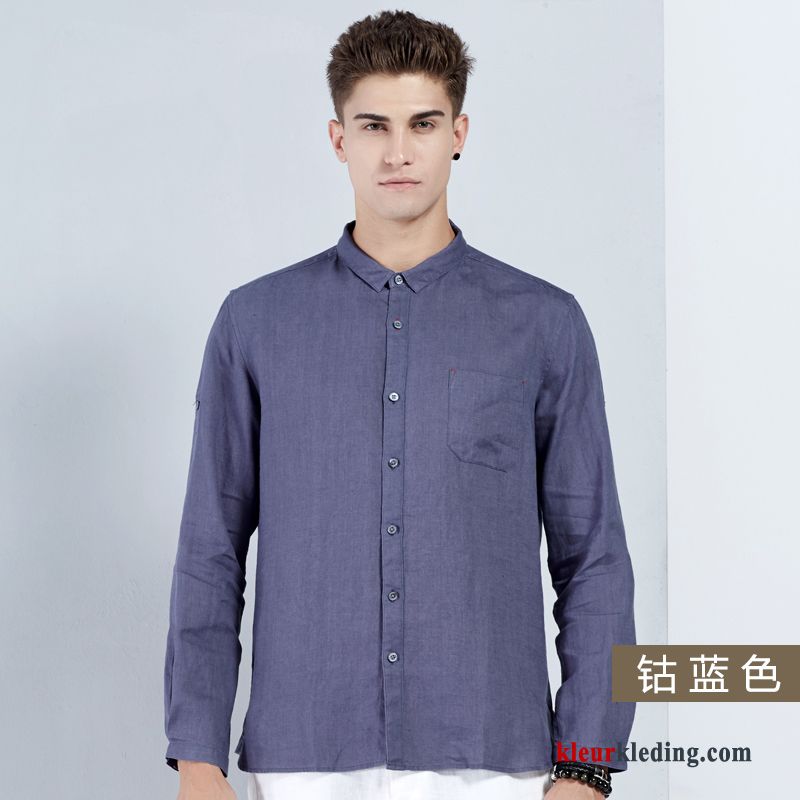 Heren Trend Wit Zuiver Lange Mouwen Chinese Stijl Overhemd Mini Vierkante Hals
