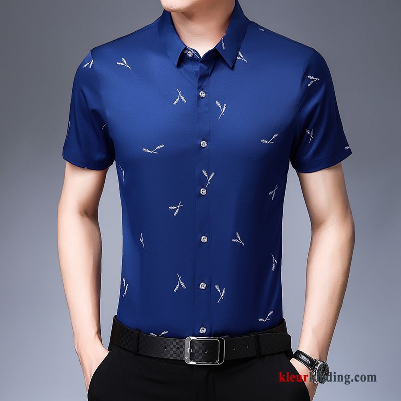 Heren Zomer Blauw Overhemd Kort Mouw Halve Mouw Trend Nieuw Slim Fit Bedrukken