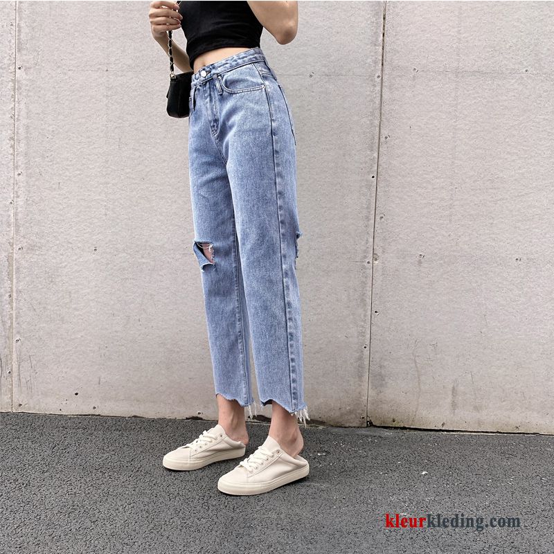 Hoge Taille Dunne Rechtdoor Gaten Spijkerbroek Jeans Nieuw Dames Rood