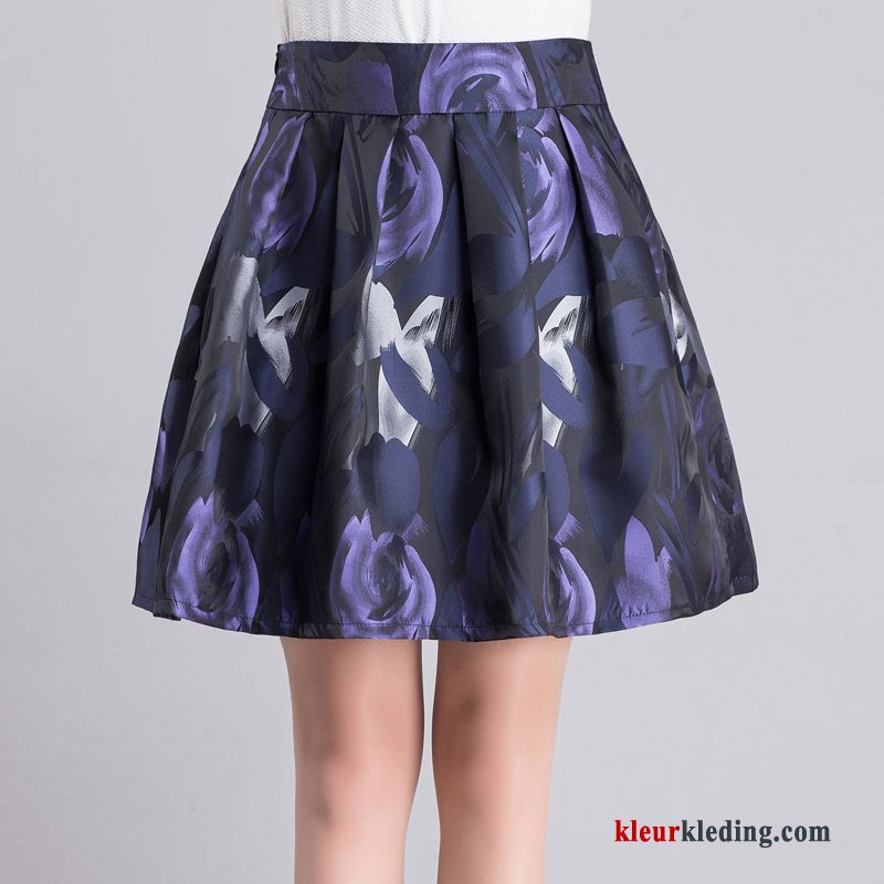 Hoge Taille Korte Rokjes Bloemen Geplooide Blauw Bedrukken Herfst Mode Dames