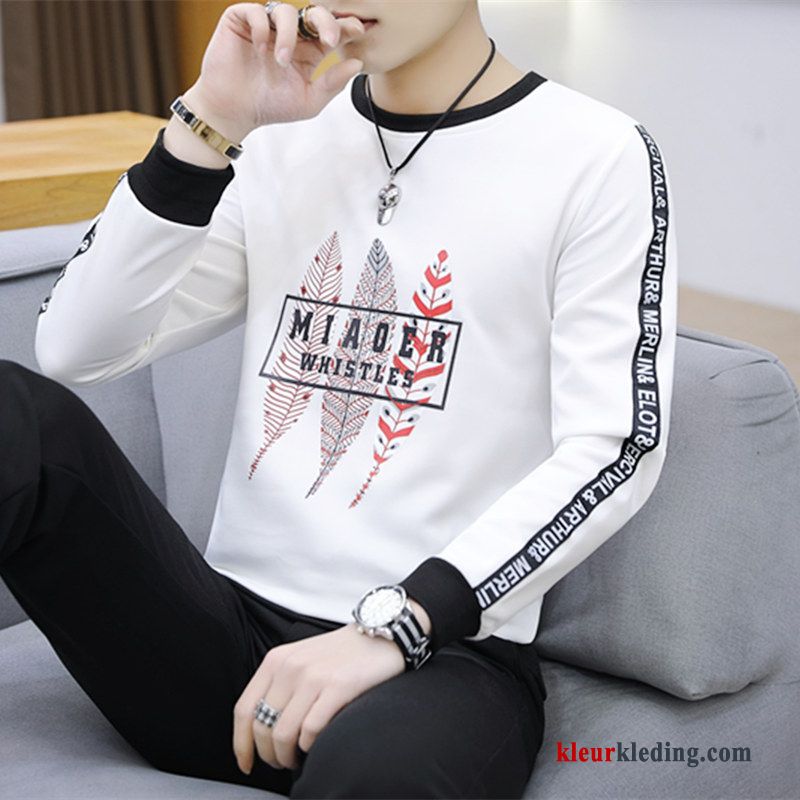 Hoodie Herfst Hoge Kraag Trend Wit T-shirt Lange Mouw Losse Bedrukken Heren