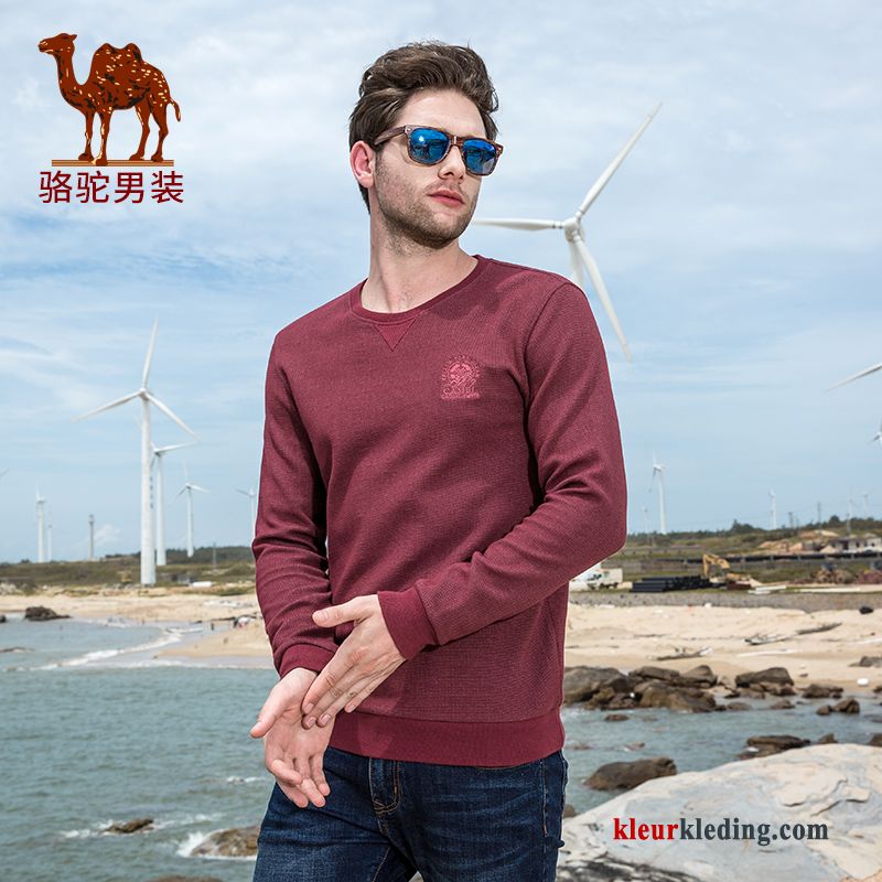 Jeugd Rood Effen Kleur Geborduurde Heren Ronde Hals Hoodie Herfst Licht Bruin