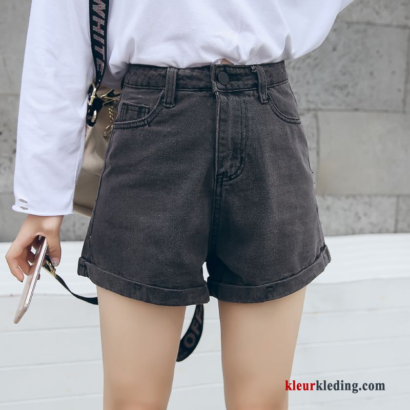 Korte Broek Denim Zomer Zwart Hoge Taille Vintage Plooiende Nieuw Dames