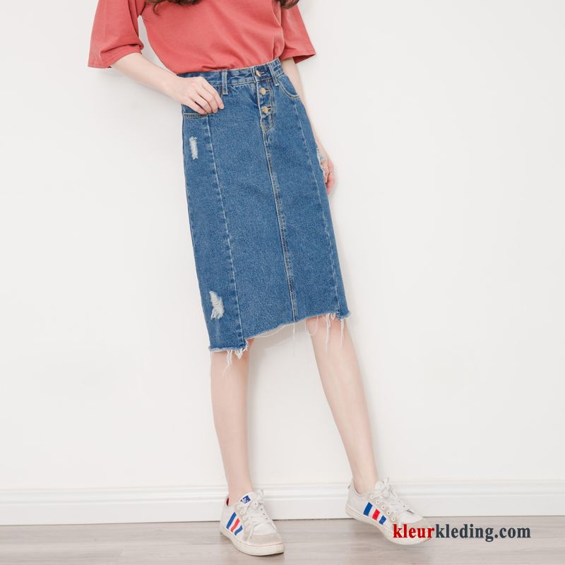 Lang Grote Maten Gaten Denim Dames Rok Zwart Student