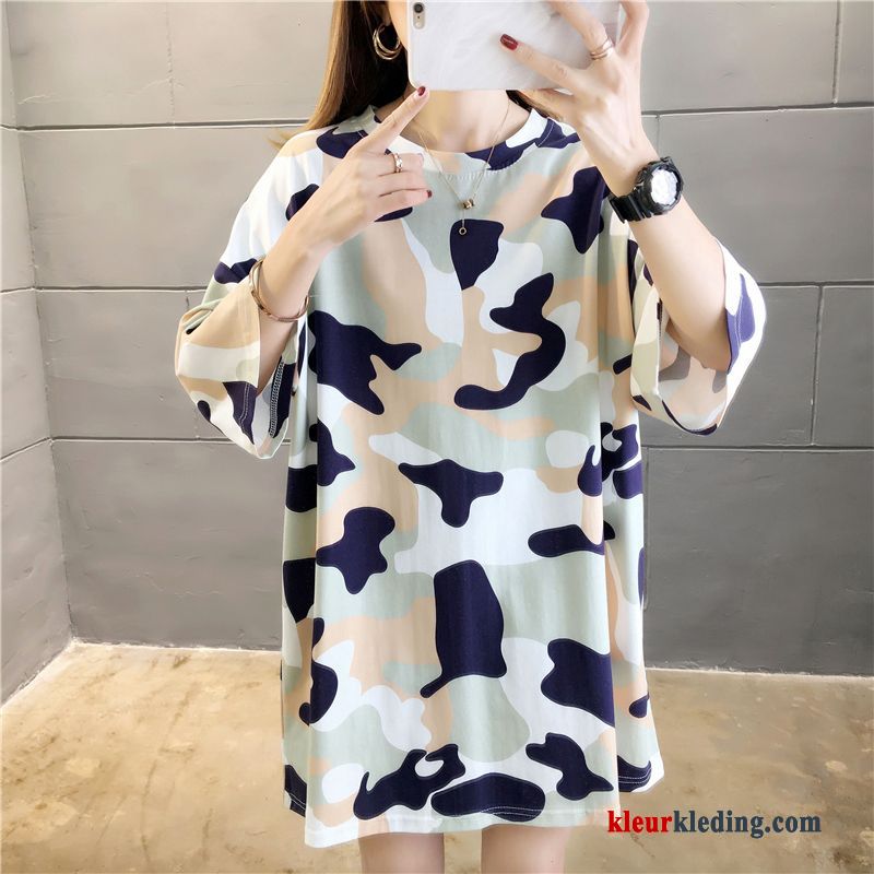 Losse Vet Blauw Camouflage Dunne Dames Korte Mouw T-shirts