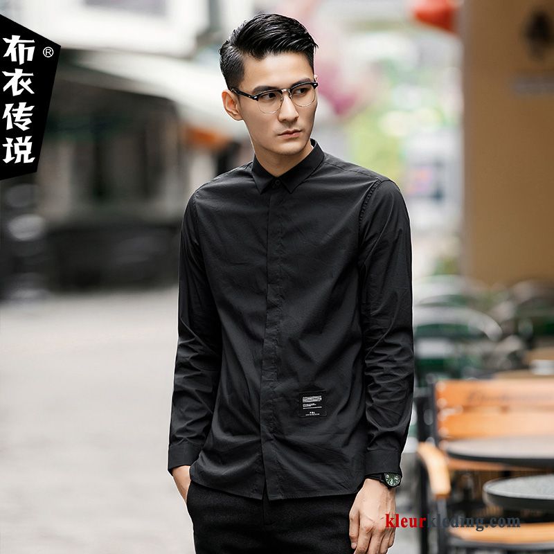 Mannelijk Slim Fit Decoratie Lange Mouwen Jeugd Overhemd Zwart Herfst Heren