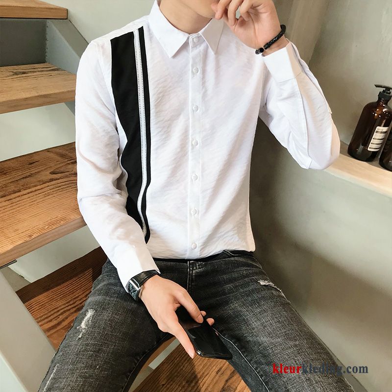 Mannelijk Slim Fit Lange Mouwen Overhemd Wit Werkkleding Zwart Verbinding Heren