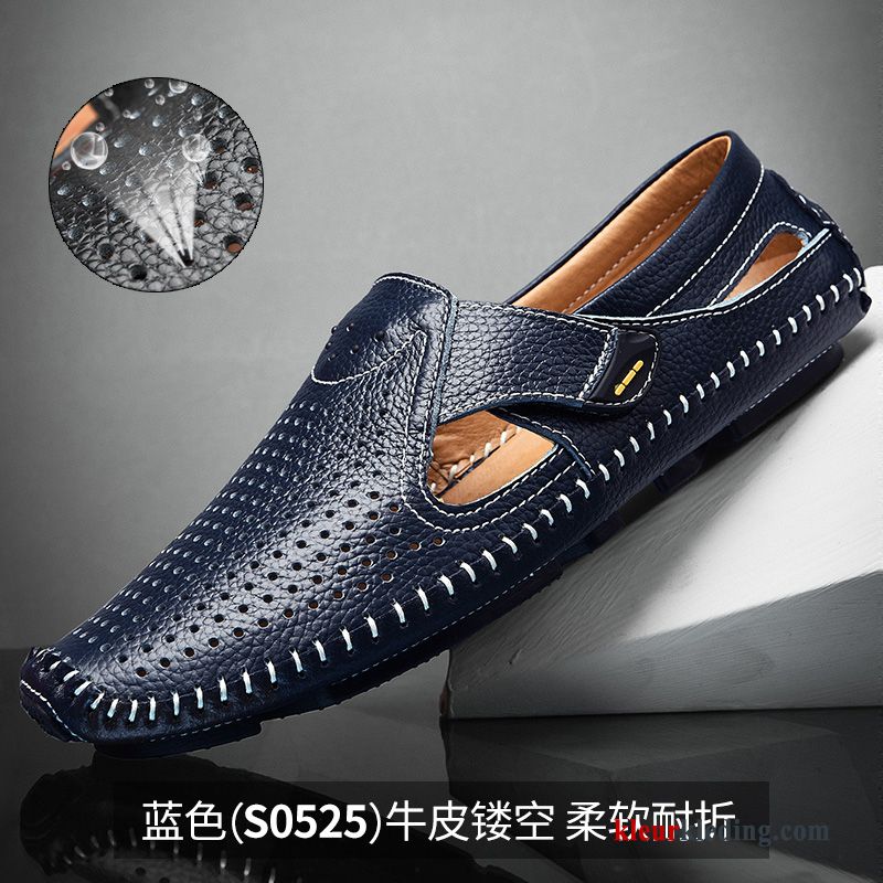 Mocassins Leren Schoenen Echt Leer Bootschoenen Ademende Casual Chauffeurs Schoenen Mannen Slip On Heren Blauw