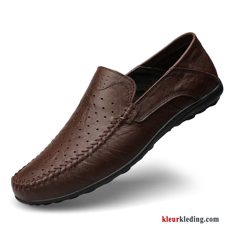 Mocassins Schoenen Echt Leer Casual Zomer Bootschoenen Slip On Leren Schoenen Ademende Heren Blauw Licht Bruin