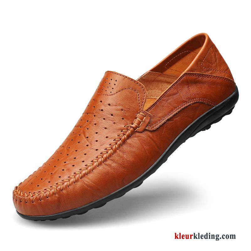 Mocassins Schoenen Echt Leer Casual Zomer Bootschoenen Slip On Leren Schoenen Ademende Heren Blauw Licht Bruin