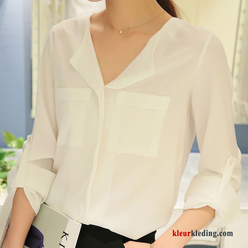 Nieuw 2018 Overhemd Onderhemd Blouse Overhemd Effen Kleur Mode Chiffon Dames