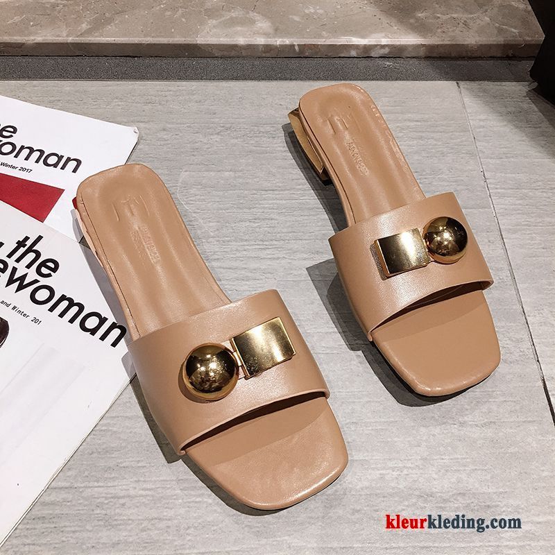 Open Teen Zomer Dikke Zool Vierkante Bovenkleding Pantoffels Mode Metaal Dames Rood