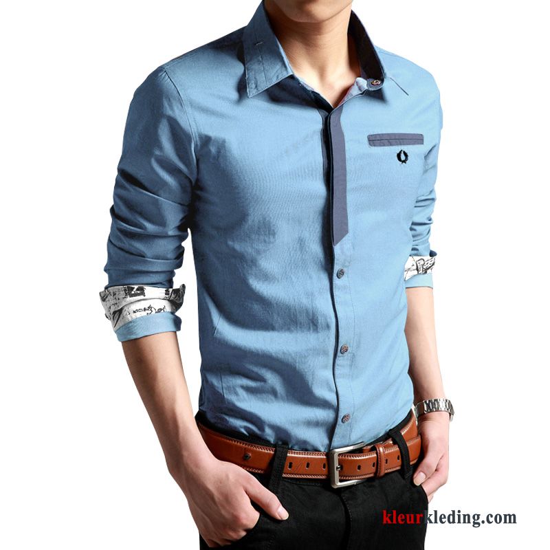 Overhemd 2018 Trend Casual Heren Blauw Slim Fit Denim Nieuw