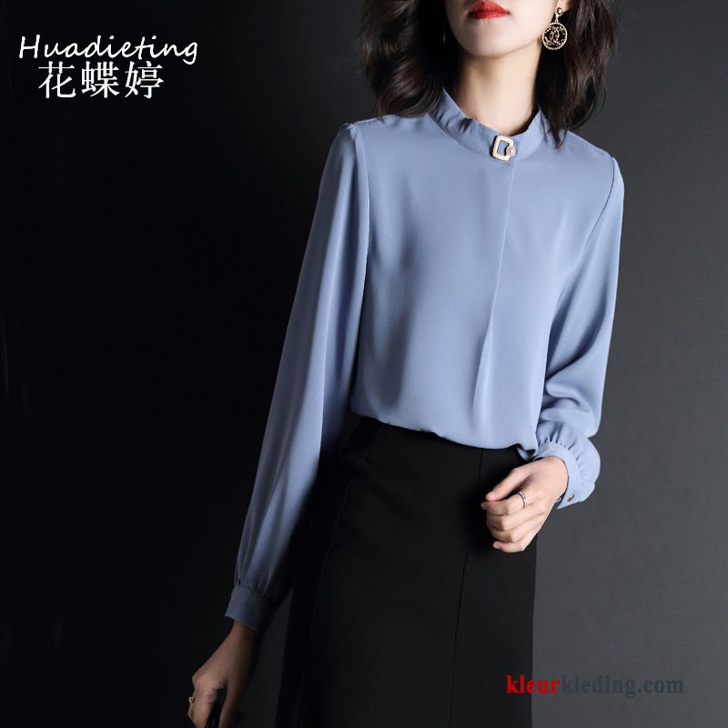 Overhemd Chiffon Dames Jasje Nieuw Hoge Kraag Lange Mouwen Blouse Overhemd