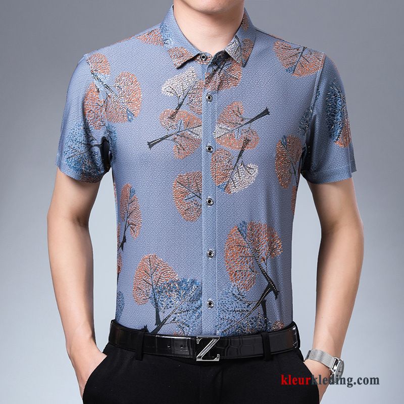 Overhemd Kort Mouw Blauw Overhemd Mode Chinese Stijl Patroon Bedrukken Jeugd Korte Mouw Heren