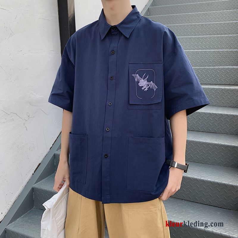 Overhemd Kort Mouw Grote Maten Student Mannelijk Overhemd Heren Korte Mouw Vet Donkerblauw