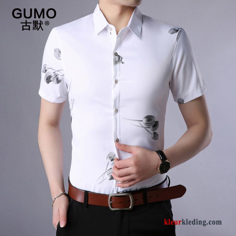 Overhemd Kort Mouw Heren Mannelijk Purper Bedrukken Overhemd Trend Slim Fit Zomer