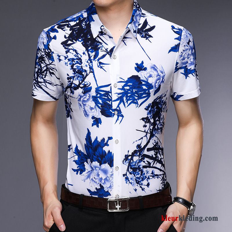 Overhemd Kort Mouw Korte Mouw Halve Mouw Chinese Stijl Blauw Inkt Trend Bedrukken Overhemd Heren
