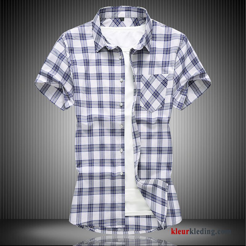Overhemd Kort Mouw Losse Overhemd Blauw Geruit Mannelijk Korte Mouw Heren Trendy Merk