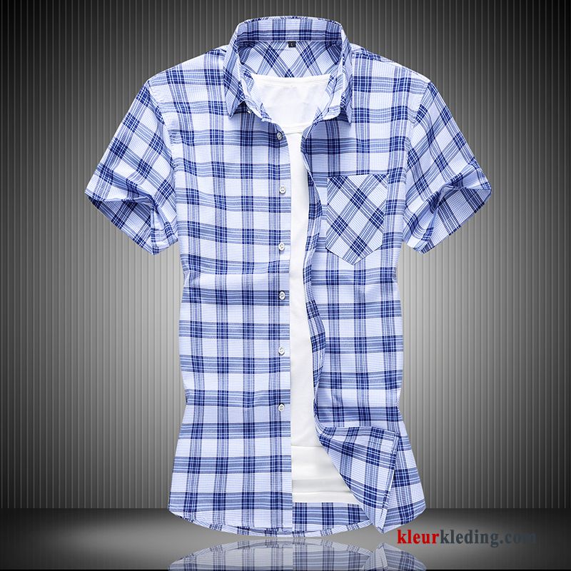 Overhemd Kort Mouw Losse Overhemd Blauw Geruit Mannelijk Korte Mouw Heren Trendy Merk