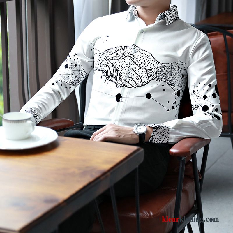 Overhemd Mooi Bedrukken Mode Slim Fit Persoonlijk Herfst Wit Heren