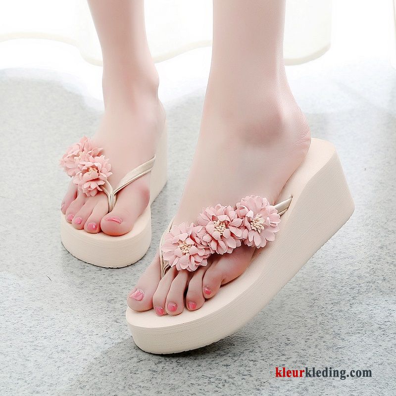 Platform Hoge Hakken Strand Pantoffels Bloemen Reis Slipper Plateauzool Dames Grijs