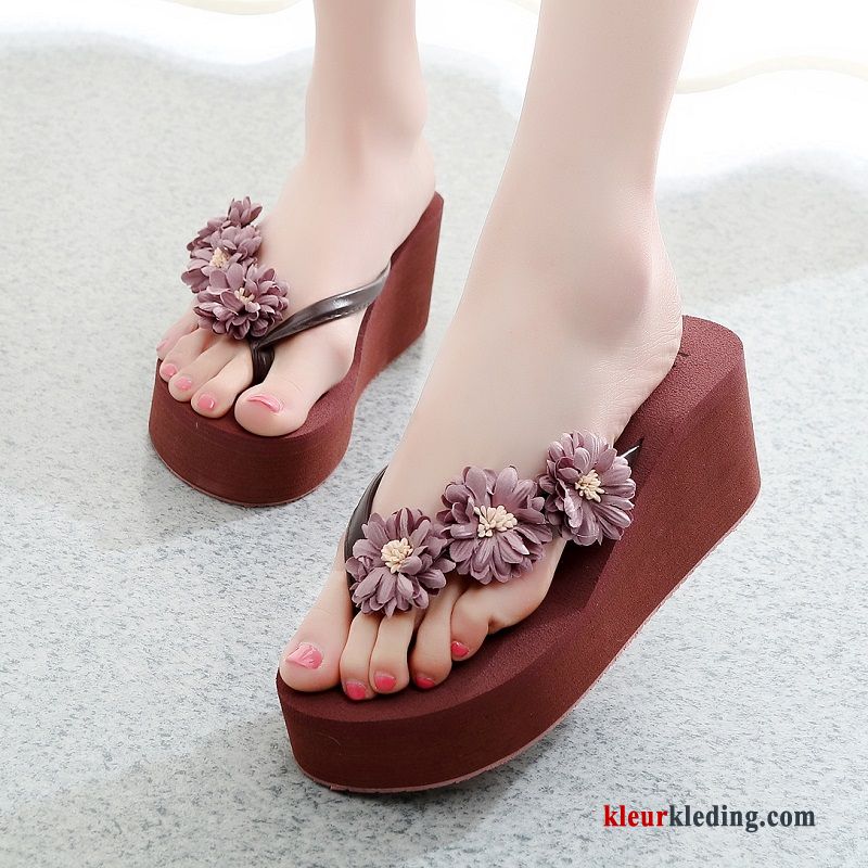 Platform Hoge Hakken Strand Pantoffels Bloemen Reis Slipper Plateauzool Dames Grijs