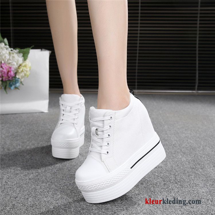 Platform Schoenen Plateauzool Schoenen Herfst Super Casual Leer Vrouwen Hoge Hakken Canvas Dames Wit