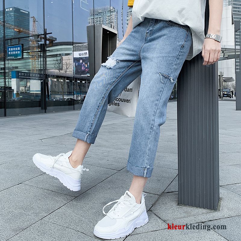 Rechtdoor Blauw Dunne Spijkerbroek Jeans Gaten Zomer Heren Trendy Merk