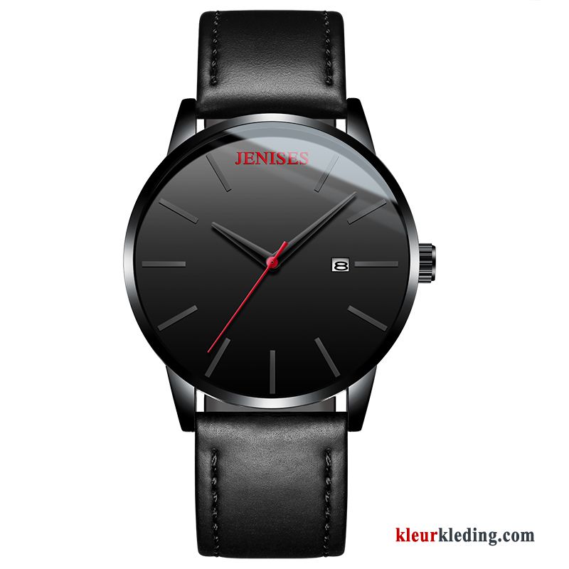 Riem Groot Heren Casual Eenvoudig Echt Leer Horloge Trend Rood Zwart