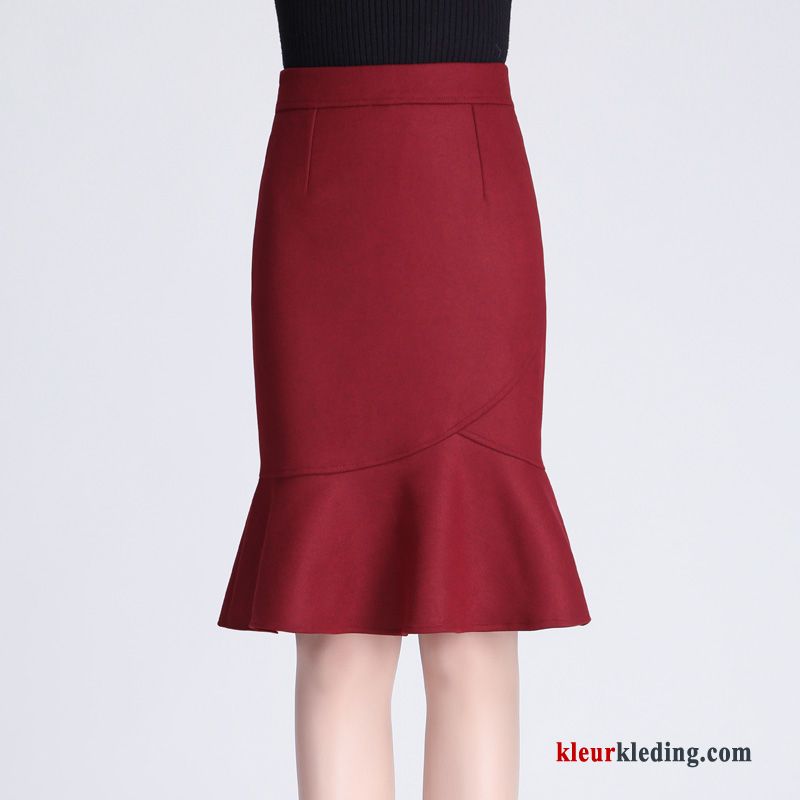 Rok Rood Nieuw Hoge Taille Winter Dunne Jurk Herfst Jas Wol Dames