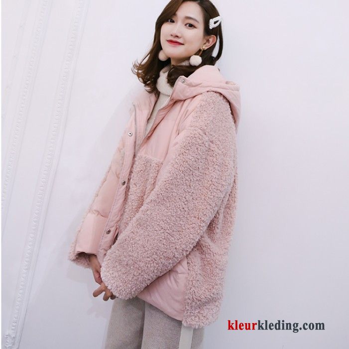 Roze Winter Kleding Kort Eendendons Hoodie Dames Wit Donsjack