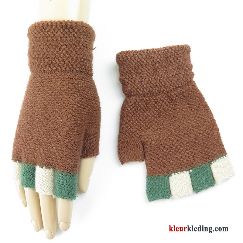 Schattig Handschoen Winter Dames Wollen Breien Halve Vinger Student Bruine