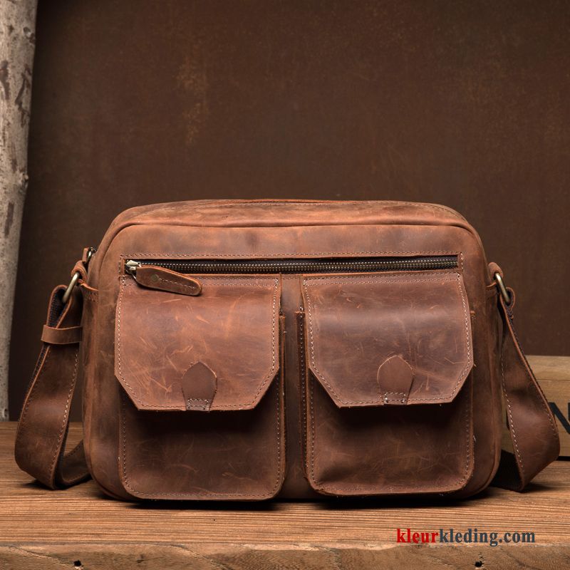 Schoudertas Tas Vintage Messenger Tas Met De Hand Lederen Licht Leer Heren Bruine