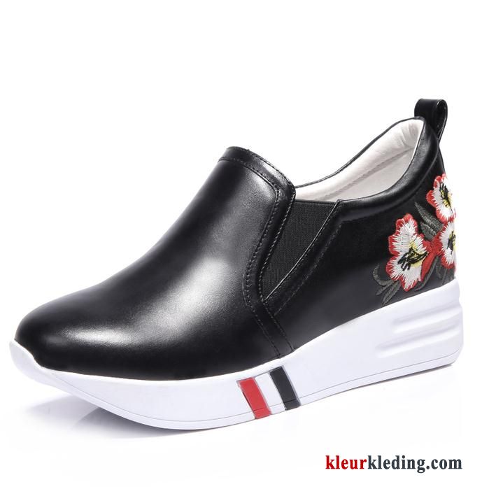 Sleehak Schoenen Echt Leer Herfst Loafers Plat Sleehak Pumps Borduurwerk Sport Dames Rood Wit