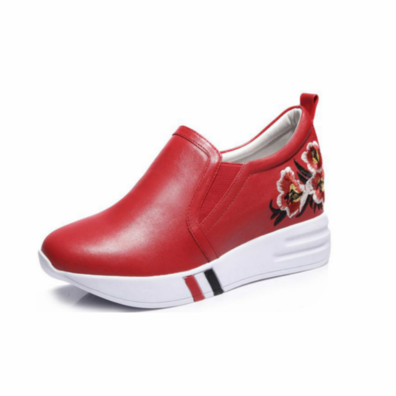 Sleehak Schoenen Echt Leer Herfst Loafers Plat Sleehak Pumps Borduurwerk Sport Dames Rood Wit