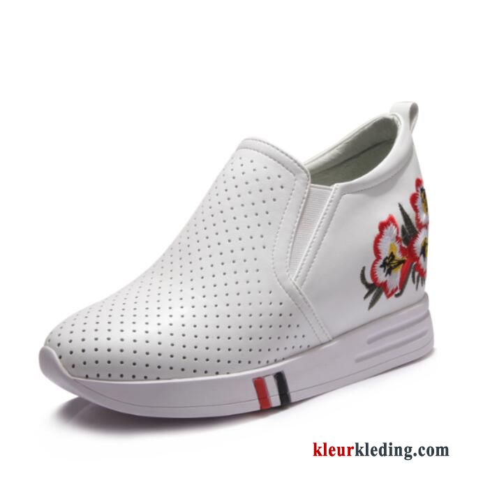 Sleehak Schoenen Echt Leer Herfst Loafers Plat Sleehak Pumps Borduurwerk Sport Dames Rood Wit