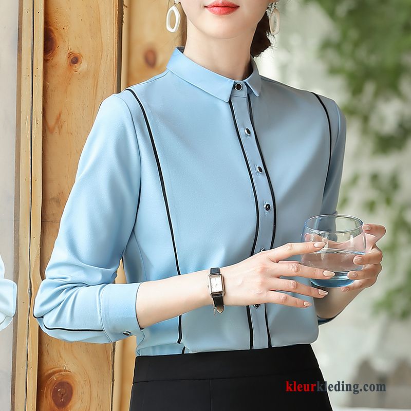 Slim Fit Blauw Elegante Nieuw Blouse Overhemd Dames Wit Lange Mouwen