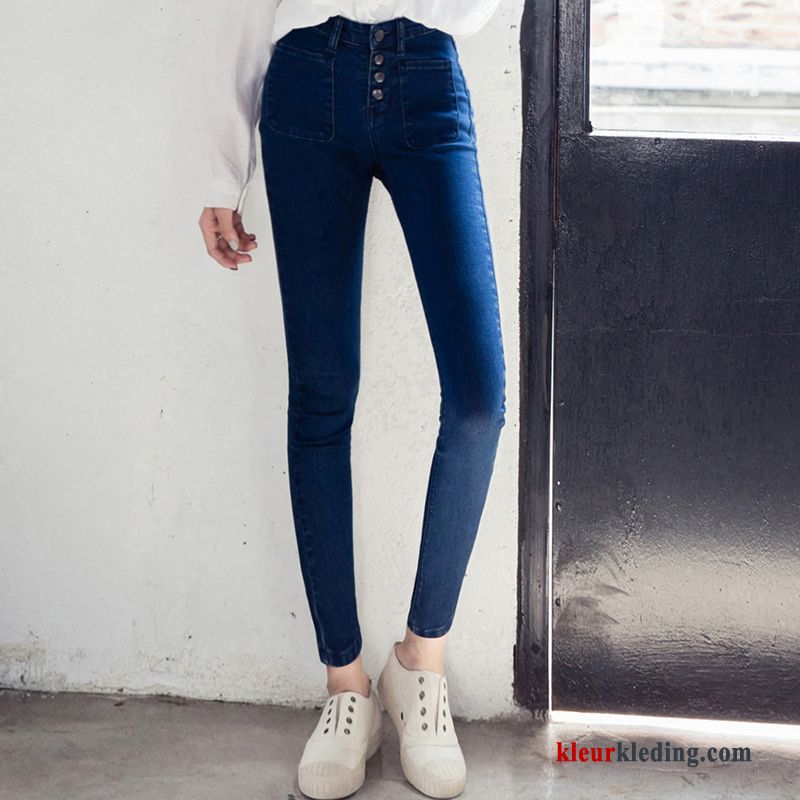 Spijkerbroek Breasted Hoge Taille Blauw Broek Lange Skinny Nieuw Dunne Dames