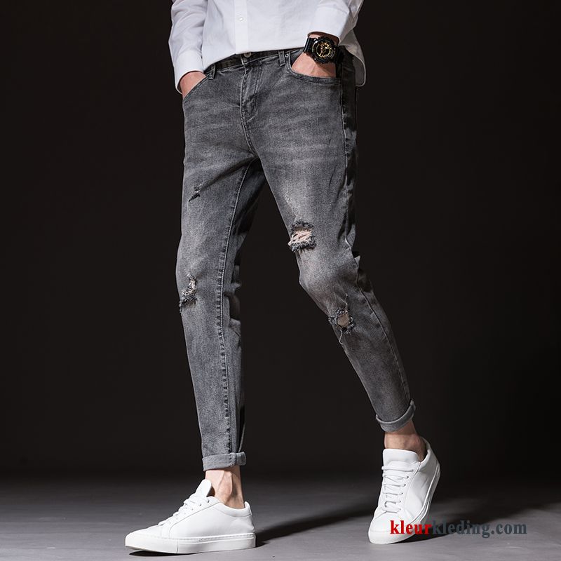 Spijkerbroek Grijs Slim Fit Heren Trend Broek Voorjaar Gaten Mannelijk