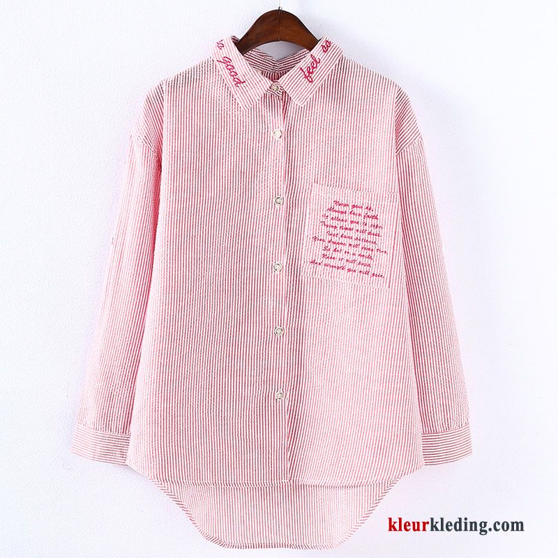 Student Blouse Overhemd Dames Voorjaar Losse Lange Mouwen Streep Jasje