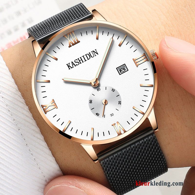 Student Casual Horloge Roestvrij Staal Business Heren Riem Waterdicht Wit Zilver