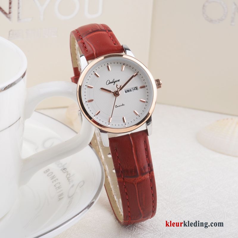 Student Trend Mode Echt Leer Quartz Horloge Dames Meisje Echte Wit