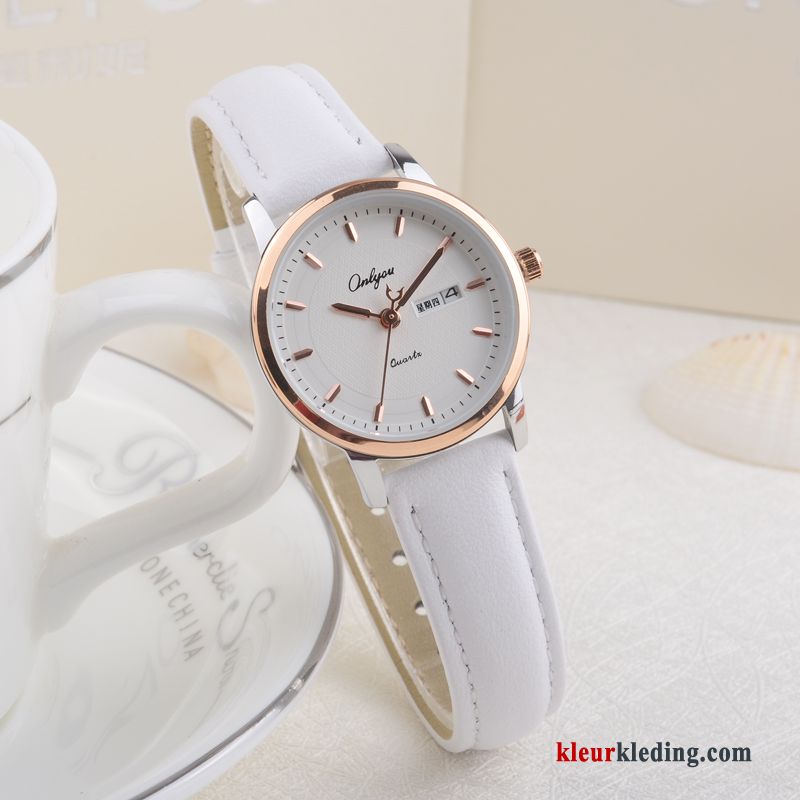 Student Trend Mode Echt Leer Quartz Horloge Dames Meisje Echte Wit