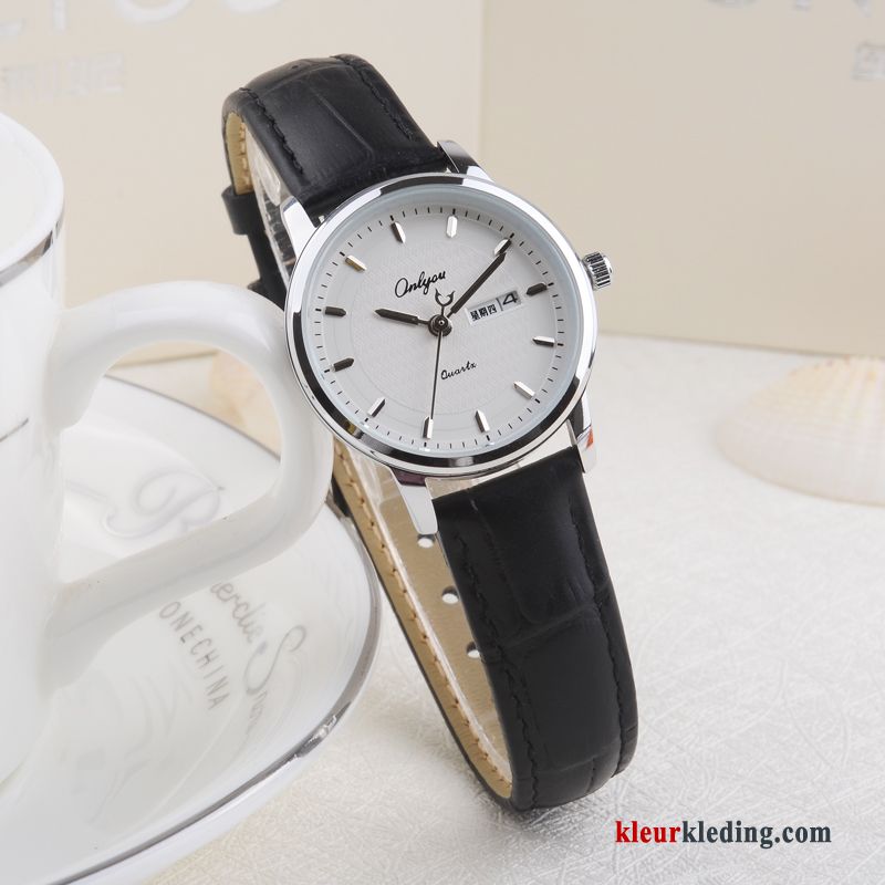 Student Trend Mode Echt Leer Quartz Horloge Dames Meisje Echte Wit