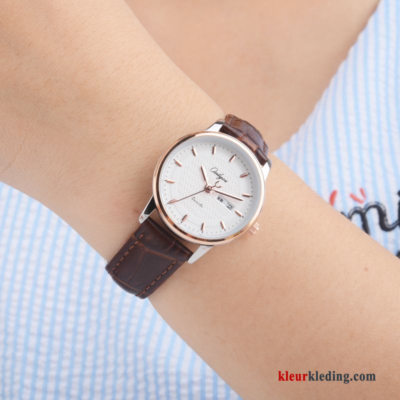 Student Trend Mode Echt Leer Quartz Horloge Dames Meisje Echte Wit