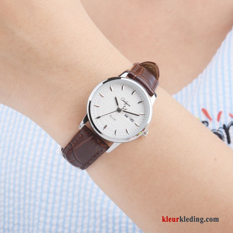 Student Trend Mode Echt Leer Quartz Horloge Dames Meisje Echte Wit