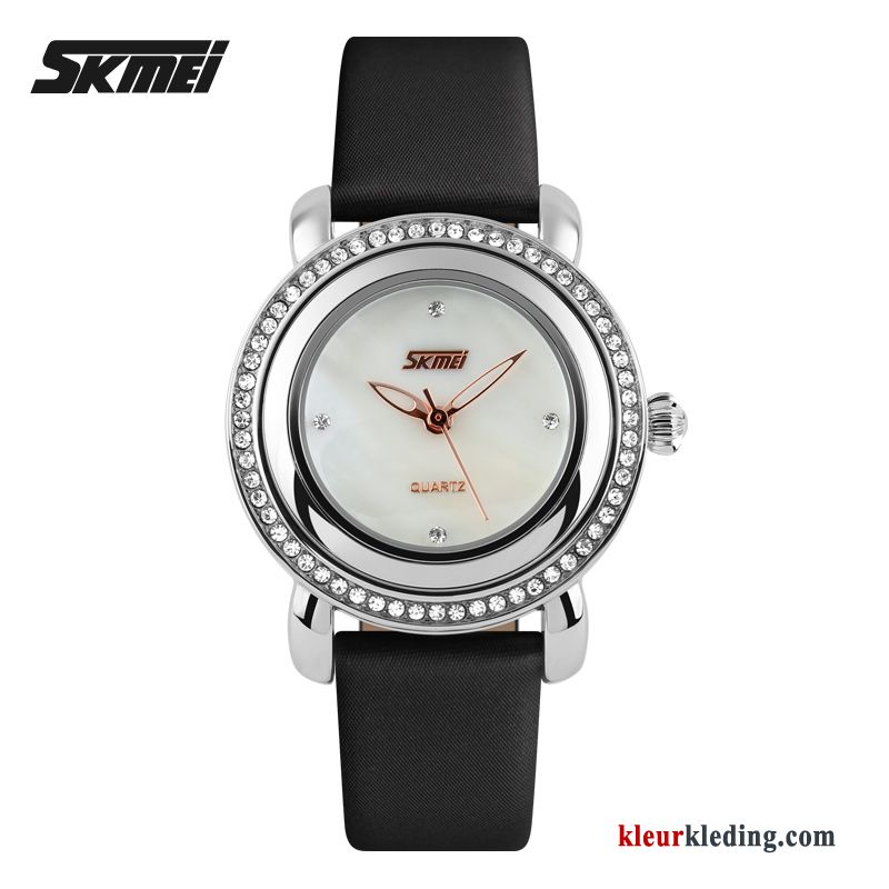 Student Waterdicht Eenvoudig Dames Horloge Mode Riem Strass Zwart