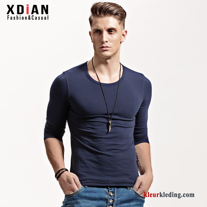 T-shirt Lange Mouw Heren Katoen Jasje Onderhemd Ronde Hals Slim Fit Mannelijk Lange Mouwen