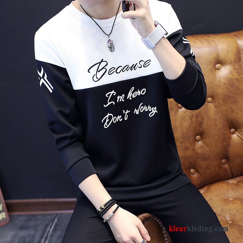 T-shirt Lange Mouw Hoodie Jasje Zwart Trend Heren Ronde Hals Slim Fit Mannelijk